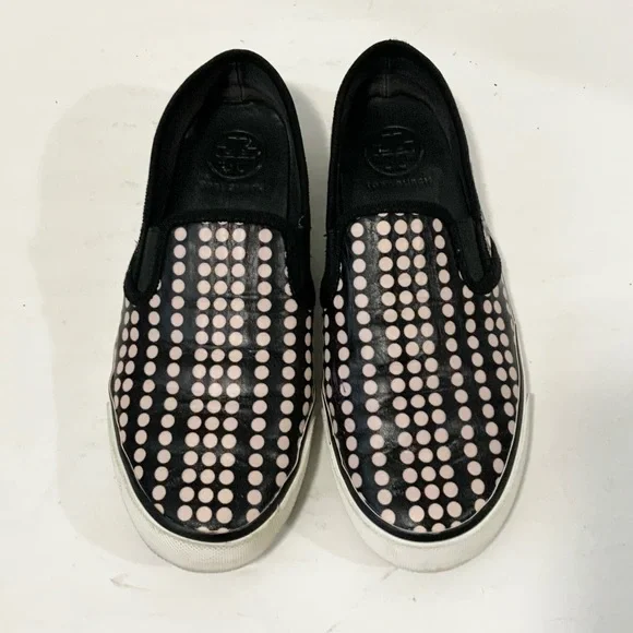 Tory Burch Women’s Pink And Black Polka Dot Leather Slip On Sneakers Size 7 - Picture 1 of 7